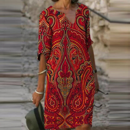 Abstract Print V-Neck A-Line Dress Comfortable Casual Fashion