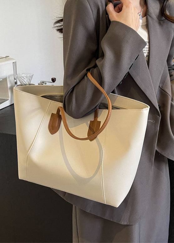 Two Tone PU Leather Tote Bag With Long Straps