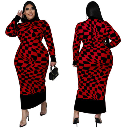Checkered Print Long Sleeve Dress Elegant Style