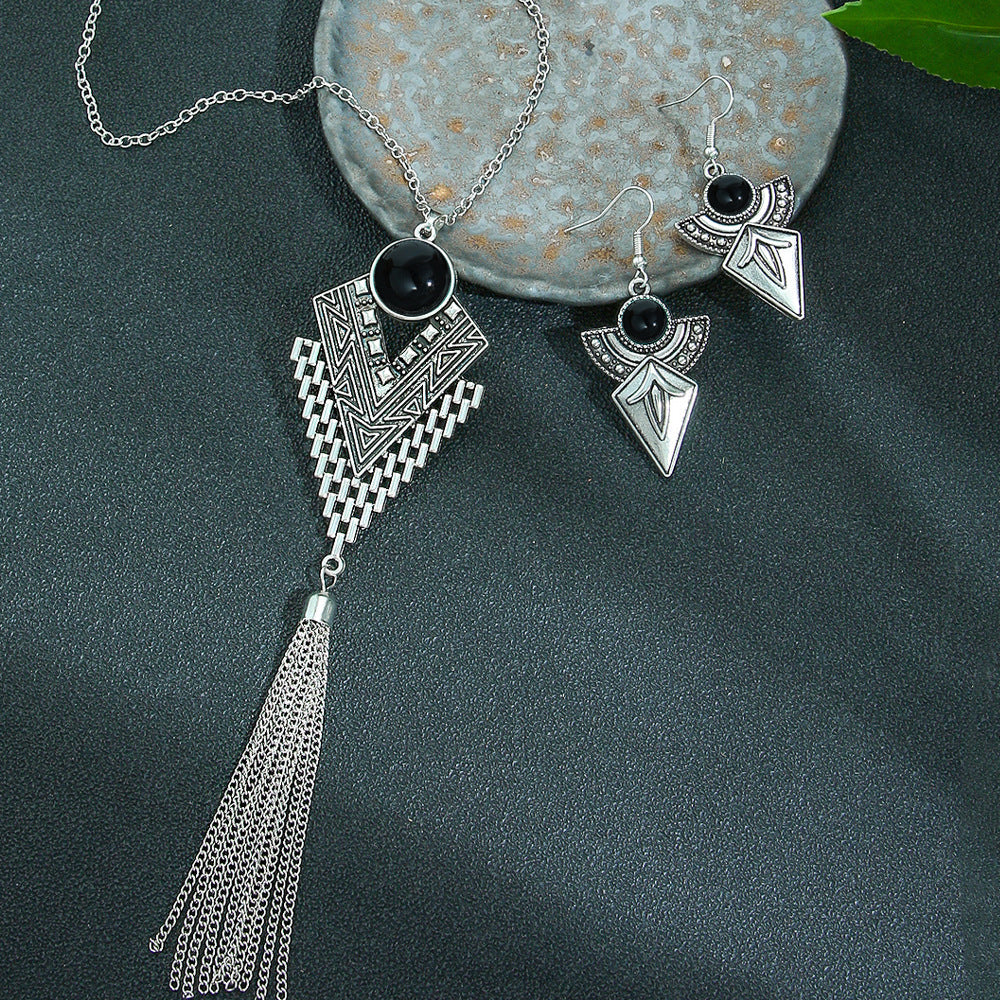 Retro Ethnic Long Pendant Necklace and Earring Set with Turquoise Accents