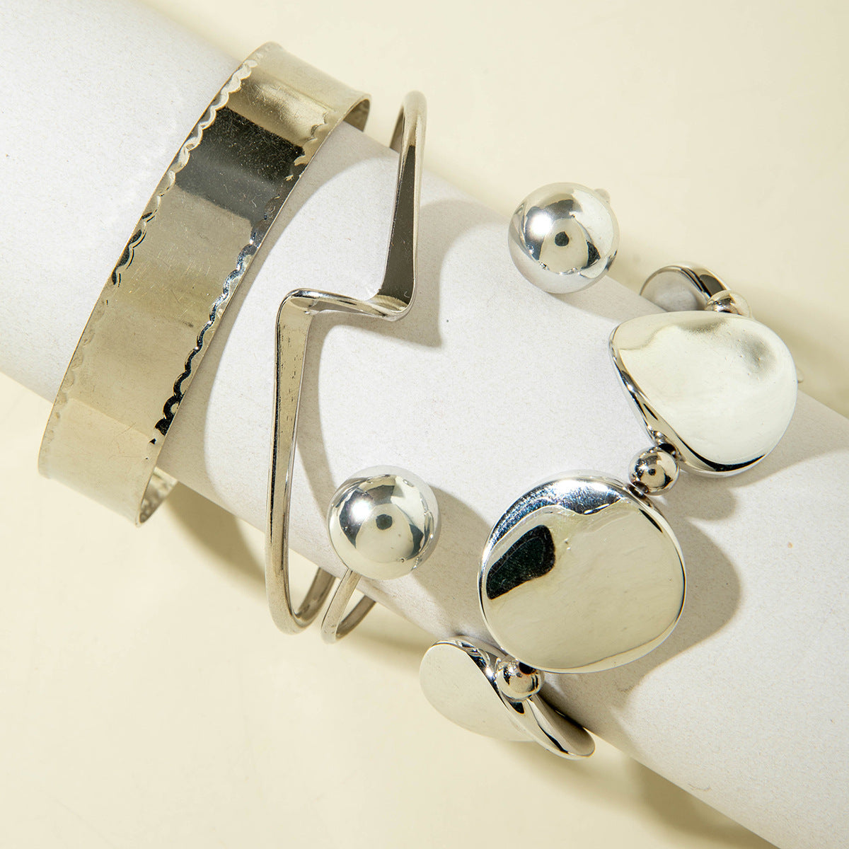 Layered Geometric Statement Cuff Bracelet Set