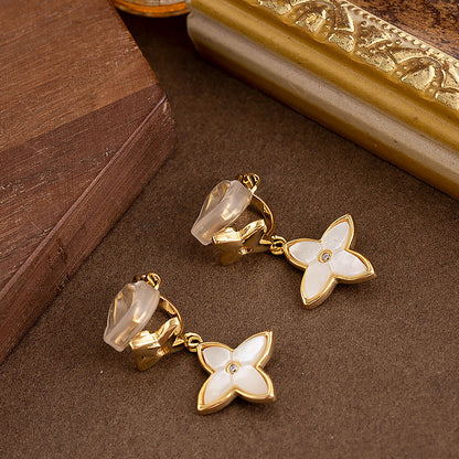 Classic Diamond-Studded Mother Of Pearl Shamrock Ear Clips For Women