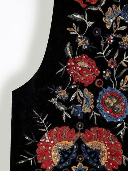 Vintage Flower Embroideries Open Front Vest