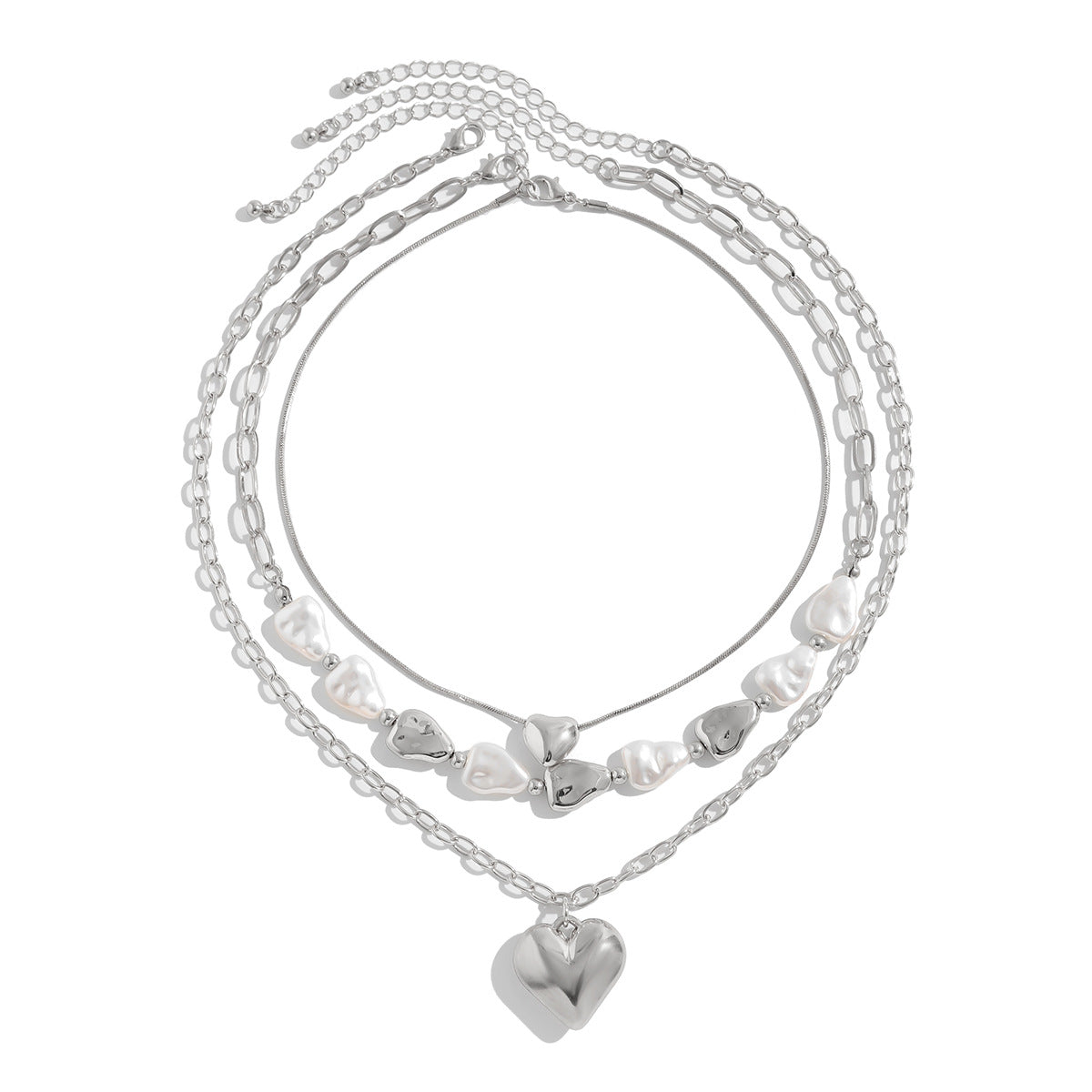 Trendy Heart Pendant Layered Necklace With Metal And Pearl Design