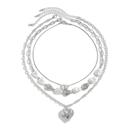 Trendy Heart Pendant Layered Necklace With Metal And Pearl Design