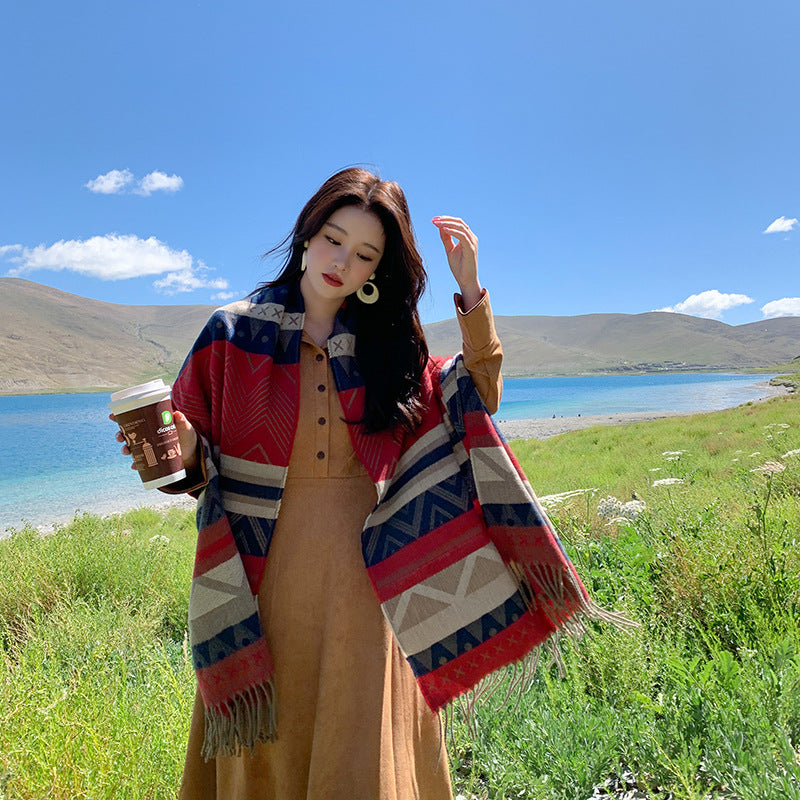 Autumn And Winter New Ethnic Style Vintage Shawl Travel Photo Versatile Bib Roman Stripe Warm Tassel Scarf