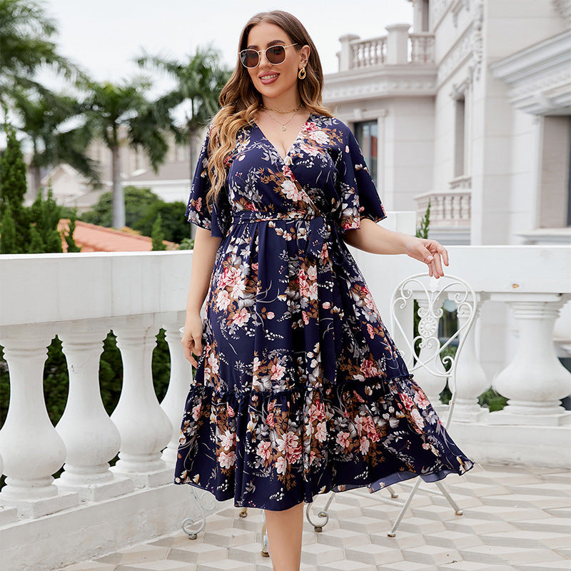 Navy Blue Floral V-Neck A-Line Dress Polyester For Casual Wear