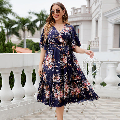 Navy Blue Floral V-Neck A-Line Dress Polyester For Casual Wear