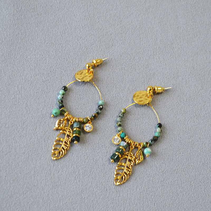 Turquoise Hoop Tassel Leaf Drop Stud Earrings