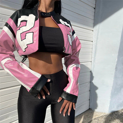 Trendy Color Block Embroidered Biker Jacket