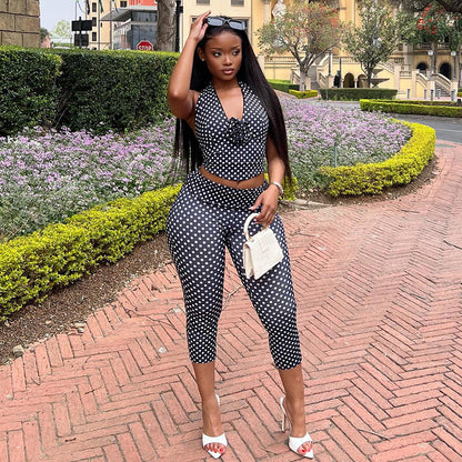 Polka Dot Print Two-Piece Set With Halter Neck Top And Skinny Pants