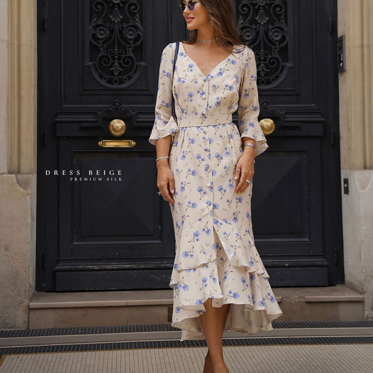 French Floral Print High Waist V-Neck Flare Sleeve Dress