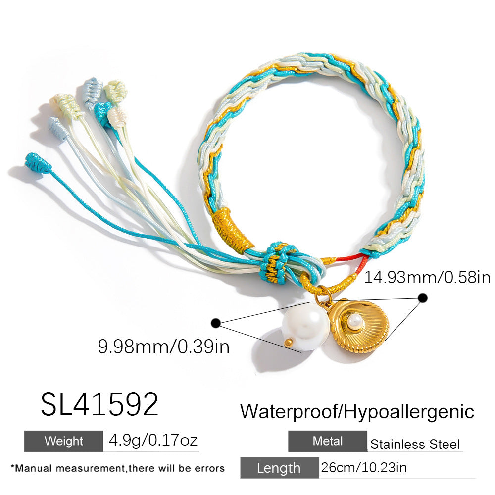 Colorful Hand-Woven Tassel Bracelet with 18K Gold Shell Pendant