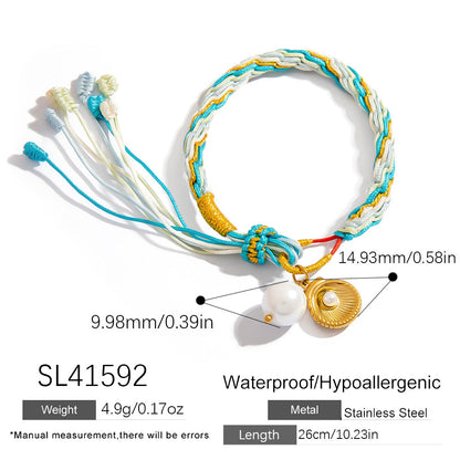 Colorful Hand-Woven Tassel Bracelet with 18K Gold Shell Pendant