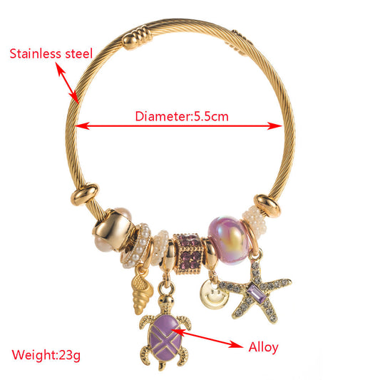 Starfish Turtle Pendant Adjustable Stainless Steel Bracelet