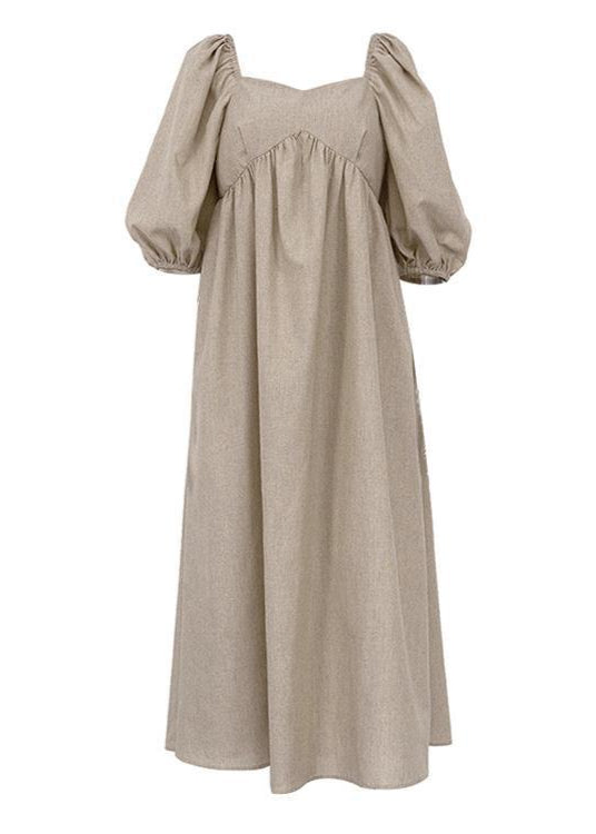 Linen Maxi Dress With Puff Sleeves And Square Neckline