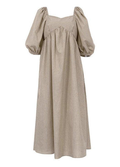 Linen Maxi Dress With Puff Sleeves And Square Neckline