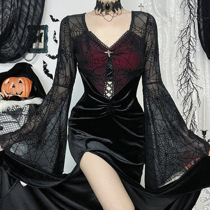 Halloween Elegant Sexy Split Velvet Dress with Bell Sleeves