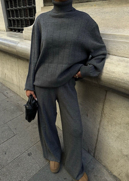 Charcoal Knitwear Set With High Neck And Wide Leg Trousers