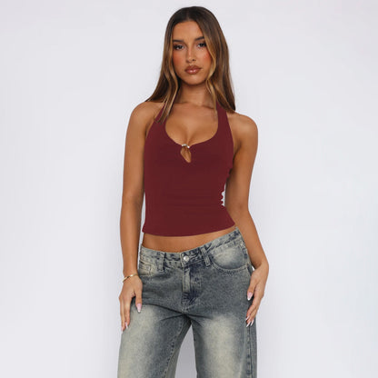 Y2K Stylish Metal Buckle Hollow Neck Crop Top