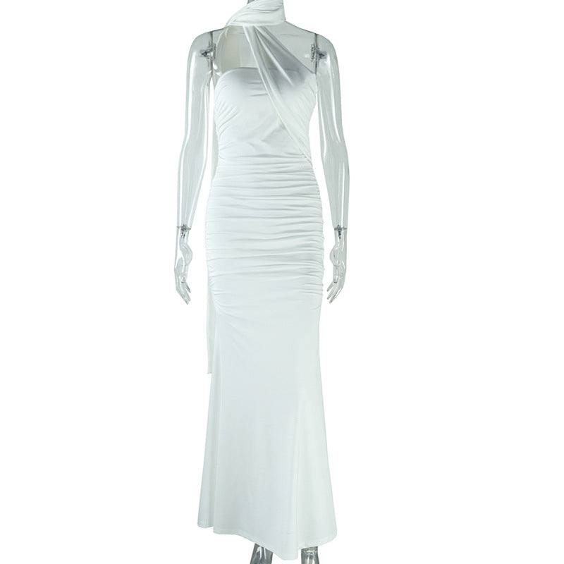 Chic Solid Color Halter Neck Dress With Backless Design