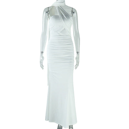 Chic Solid Color Halter Neck Dress With Backless Design