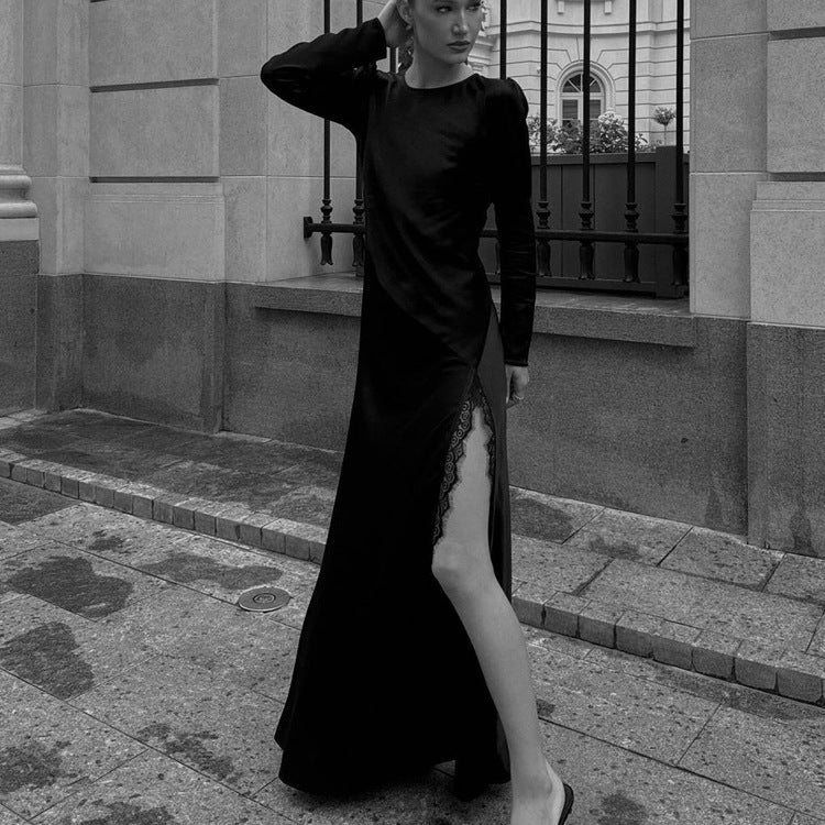 Elegant Black A-Line Dress With Lace Design