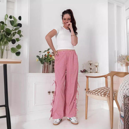 Plaid String Tie Straight Leg Pants