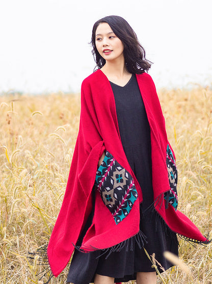 Open Fork Pockets Fethnic  Scarf Women With Spring And Autumn Outside With Air-Conditioned Shawl Cloak