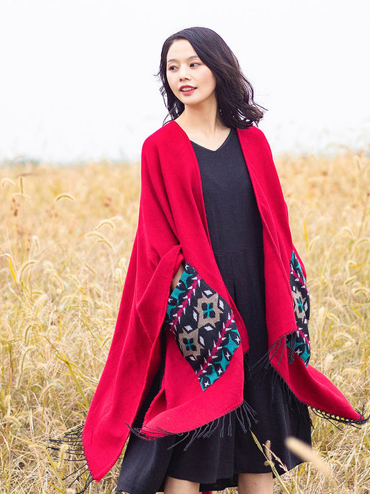 Open Fork Pockets Fethnic  Scarf Women With Spring And Autumn Outside With Air-Conditioned Shawl Cloak
