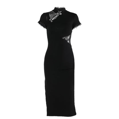 Split Hem Black Midi Dress Elegant Sexy Fit and Flare