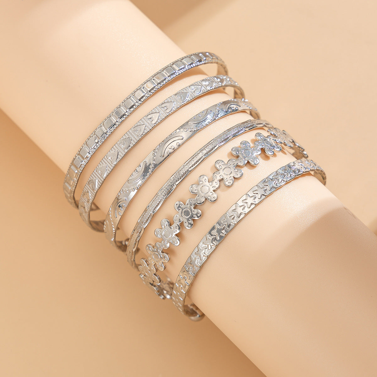 Trendy Floral Engraved Metal Bracelet Set