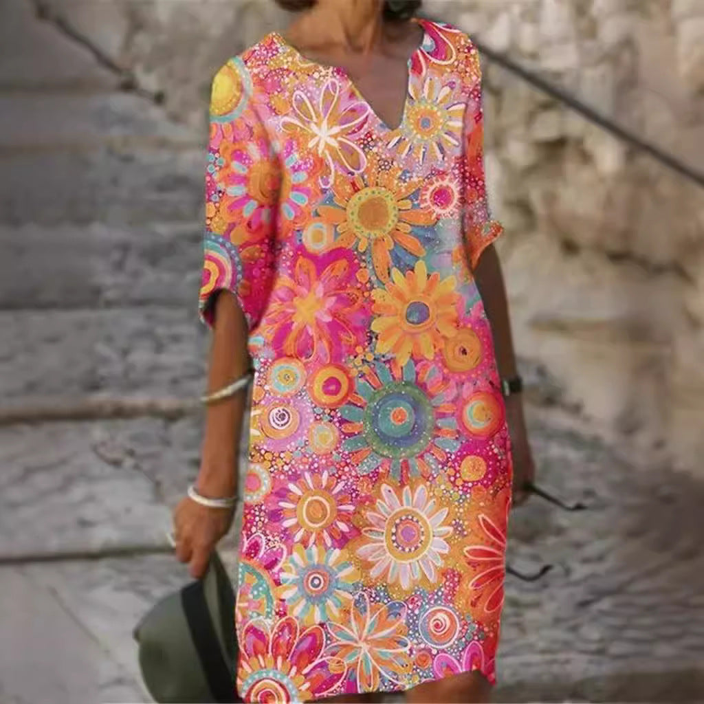 Two-Tone Printed V-Neck Loose Bamboo Dress