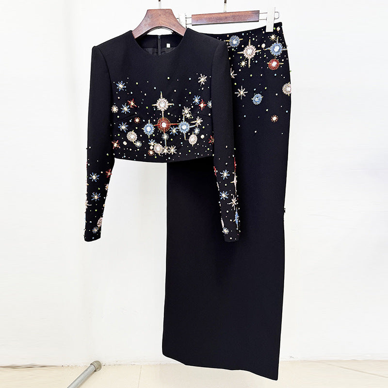 Trendy Beaded Short Jacket And Maxi Skirt Set