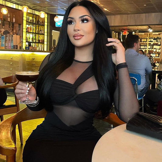 Elegant Long Sleeve Sheer Mesh Bodycon Dress