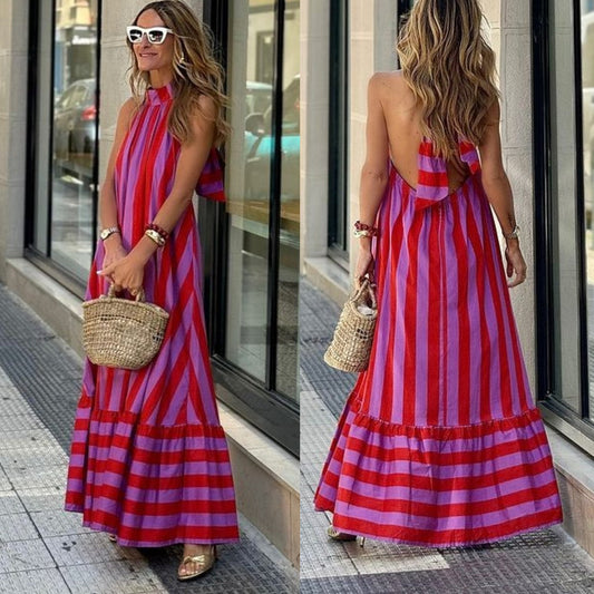 New Dress Neck Halter Striped Print Long Dress
