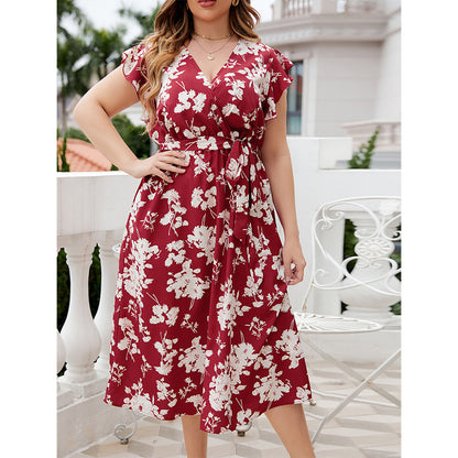 V-Neck Belted Midi Dress Red Floral Polyester Casual