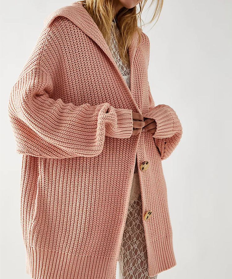 New Women'S Solid Color Lapel Pocket Knitted Cardigan Button Long Coat In Autumn And Winter