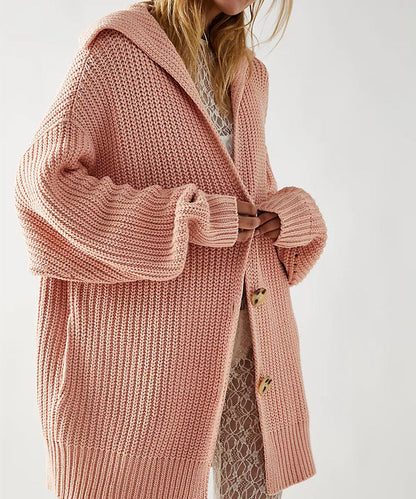 New Women'S Solid Color Lapel Pocket Knitted Cardigan Button Long Coat In Autumn And Winter