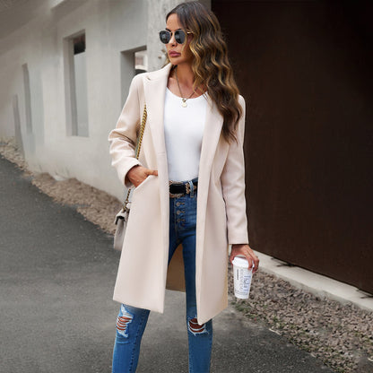 Elegant Casual Long Coat Solid Color Polyester Cardigan