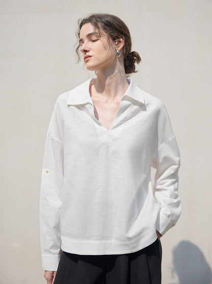 White V-Neck Long Sleeve Linen Shirt for Women