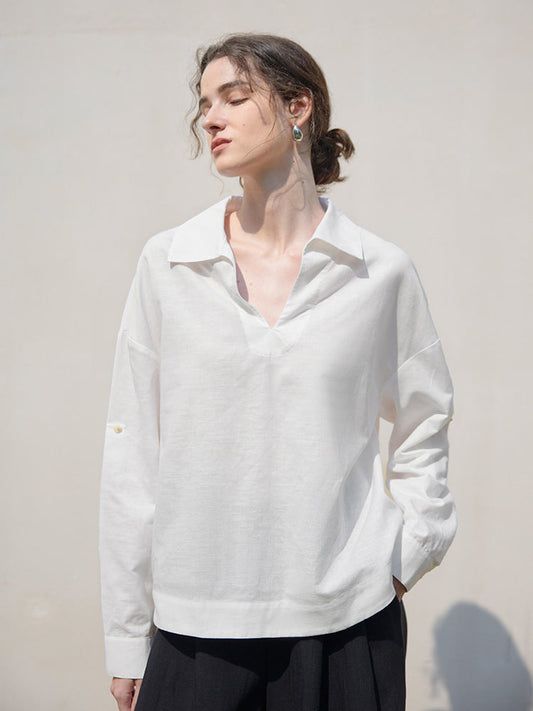 White V-Neck Long Sleeve Linen Shirt for Women