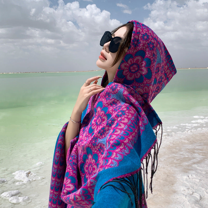 Ethnic Style New Split Shawl Women'S Cloak Scarf Thickened Warm Travel Coat Cloak
