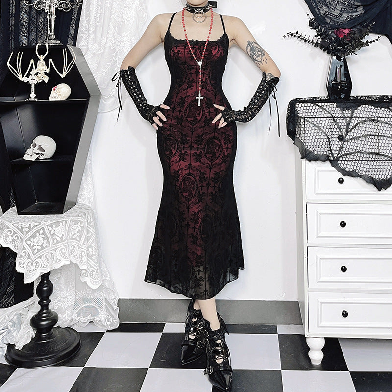 Vintage Gothic Halter Top Dress with Floral Print