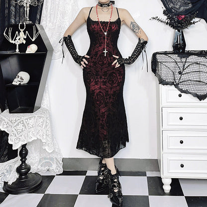 Vintage Gothic Halter Top Dress with Floral Print