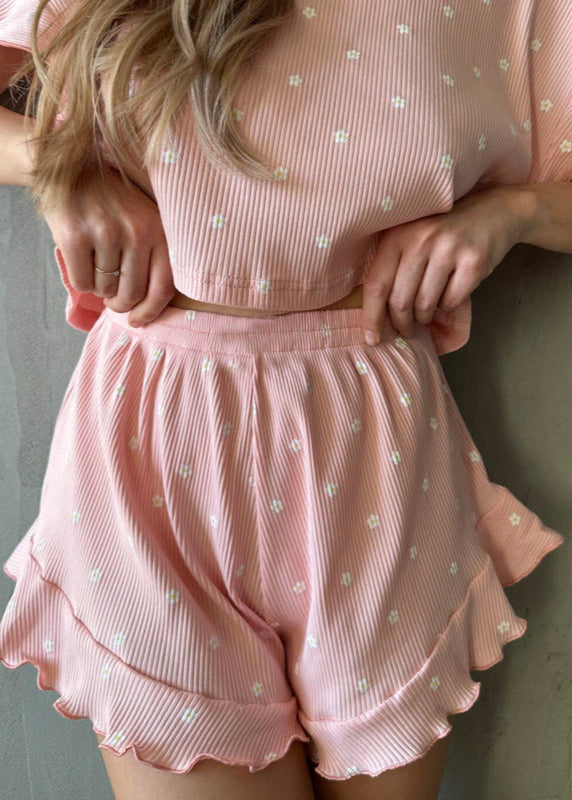 Ribbed Cotton Lounge Set With Ruffles