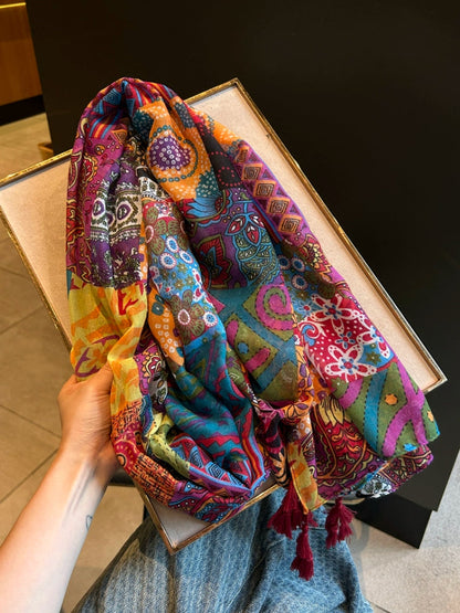 Ethnic Style Colored Silk Scarves Women'S Summer Versatile Yarns Cotton And Linen Feel Air-Conditioned Room Scarves Beach Towels Sun Protection Shawls
