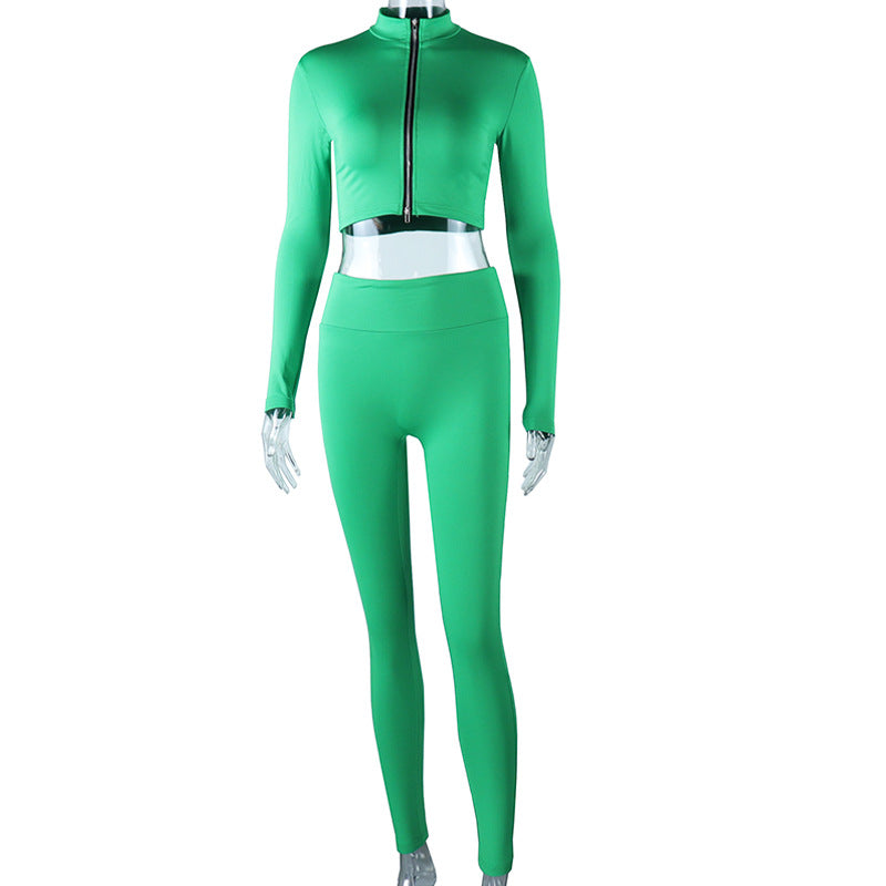 Solid Color Long Sleeve Zip Cropped Top And Pants Set
