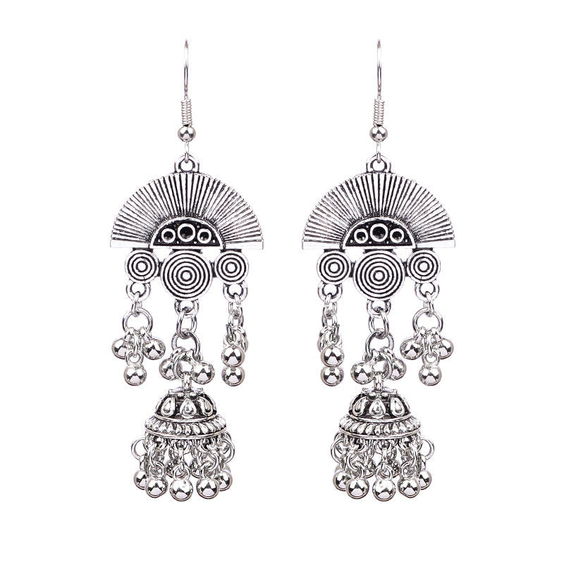 Bohemian Geometric Alloy Earrings with Bell Detail