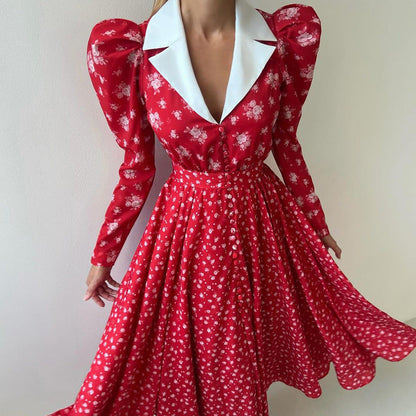 Color Block French Design A-Line Dress Elegant Floral Long Sleeve
